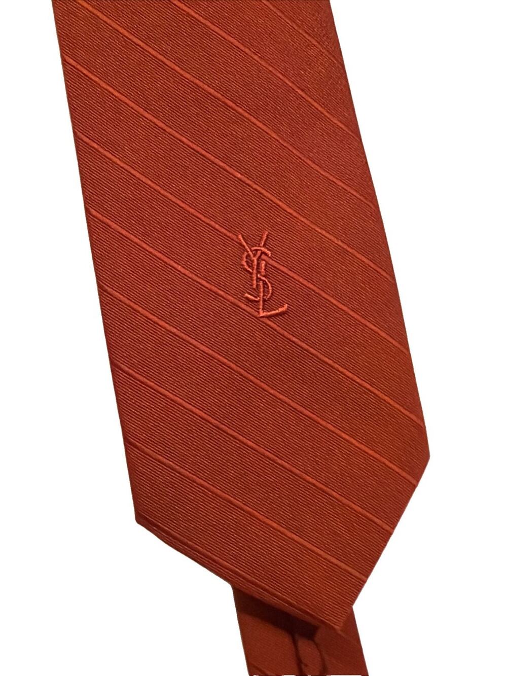 Yves Saint Laurent Tie Mens Orange 100% Silk Striped Embroidered Logo One Size